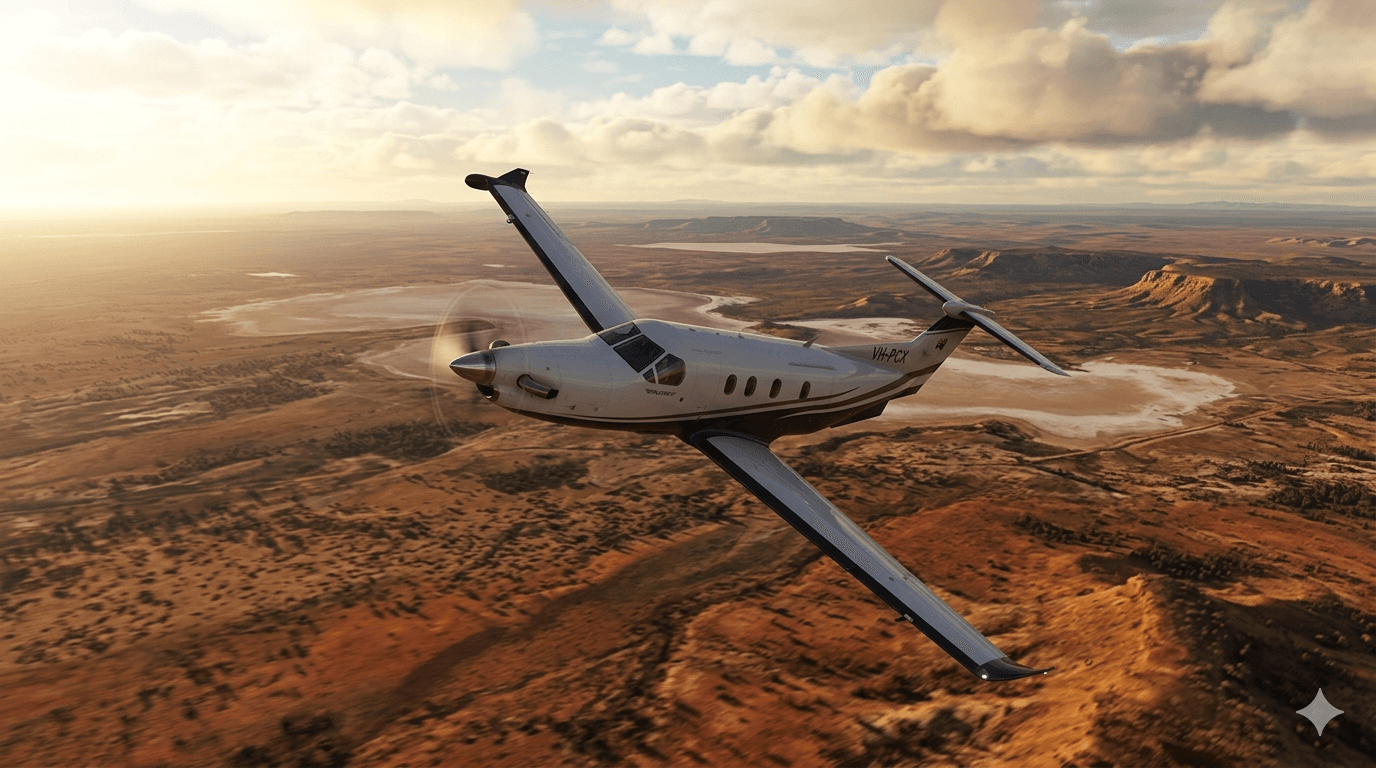 Pilatus PC-12 over the outback in Microsoft Flight Simulator 2024